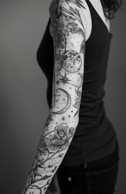 Photo a woman with a tattoo of a moon and stars on her arm