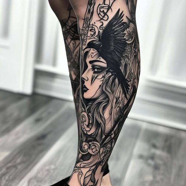 A woman with a tattoo of a woman with a feather on her arm