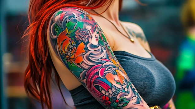 a woman with a tattoo of a woman with a flower on her arm