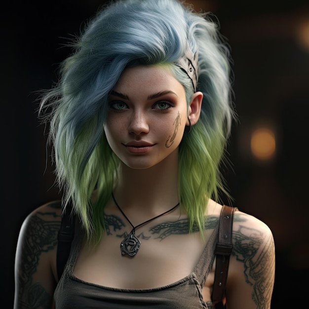 a woman with tattoos and blue hair