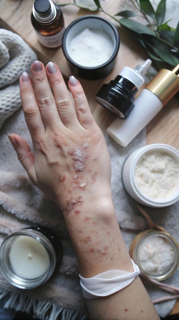 a woman with tattoos on her arm and a bottle of cream