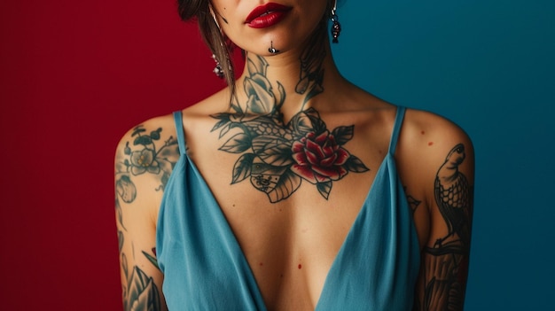 Photo a woman with tattoos on her arm and a flower tattoo on her back