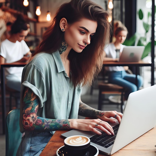 a woman with tattoos on her arm is typing on a laptop