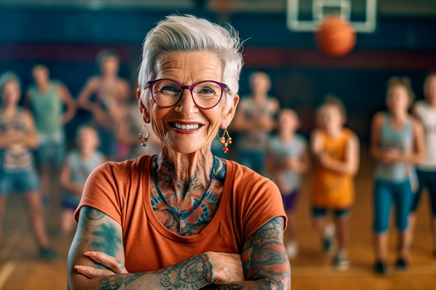 Woman with tattoos on her arms and arms crossed in front of group of children Generative AI