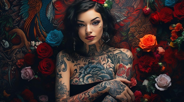 a woman with tattoos on her arms is posing with flowers in her hair