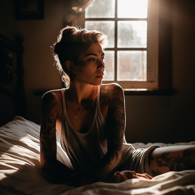 A woman with tattoos on her arms sits on a bed.