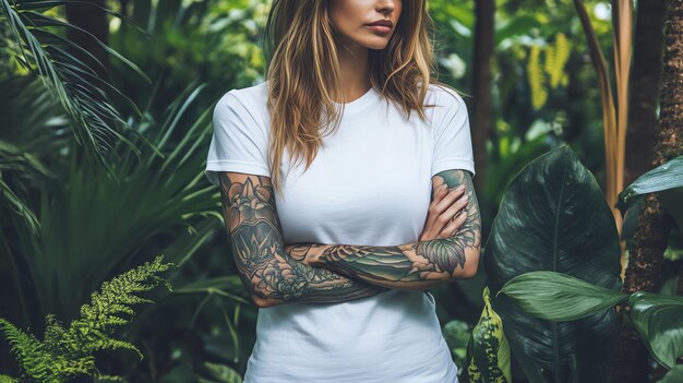 Photo a woman with tattoos on her arms stands in front of a wall of green plants