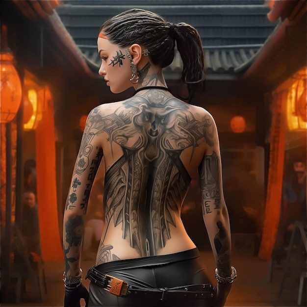 A woman with tattoos on her back is shown with a red background.