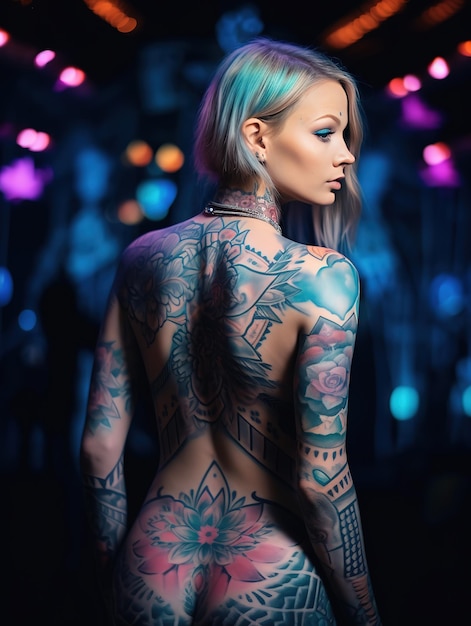 A woman with tattoos on her back stands in a dark room with a purple light behind her.