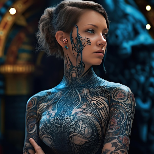 Photo a woman with tattoos on her body is standing in front of a dark background.