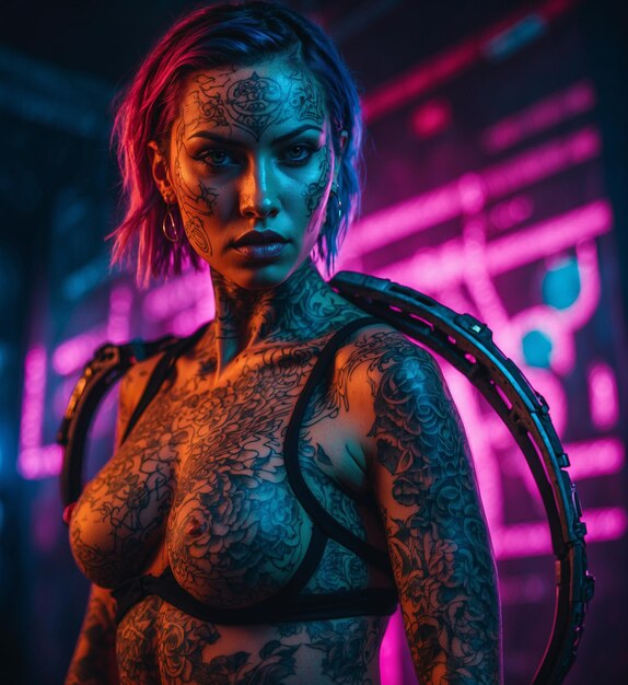 a woman with tattoos on her body and the word tattoo on her chest