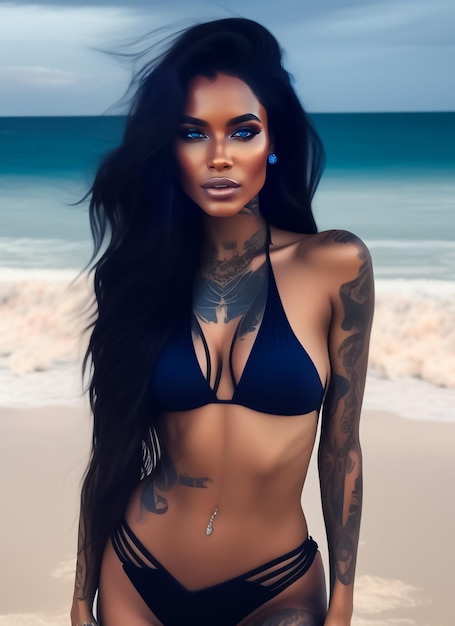 A woman with tattoos on her chest and a blue bikini top