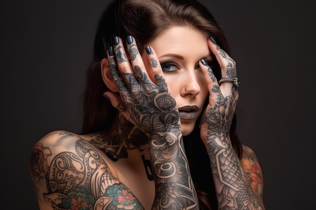 A woman with tattoos on her face and the word tattoo on her face