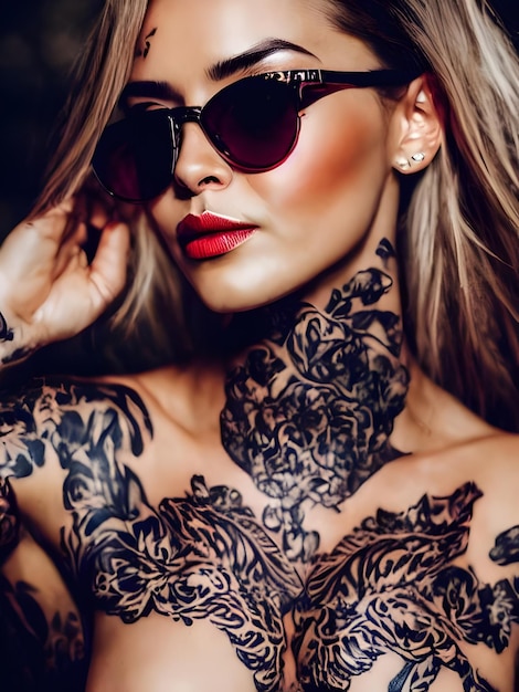 A woman with tattoos on her neck and a tattoo on her neck