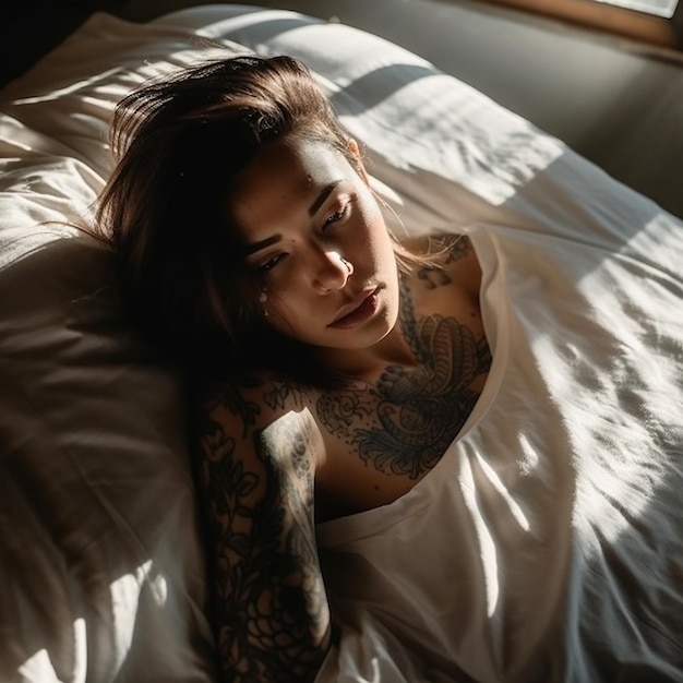 A woman with tattoos is laying on a bed