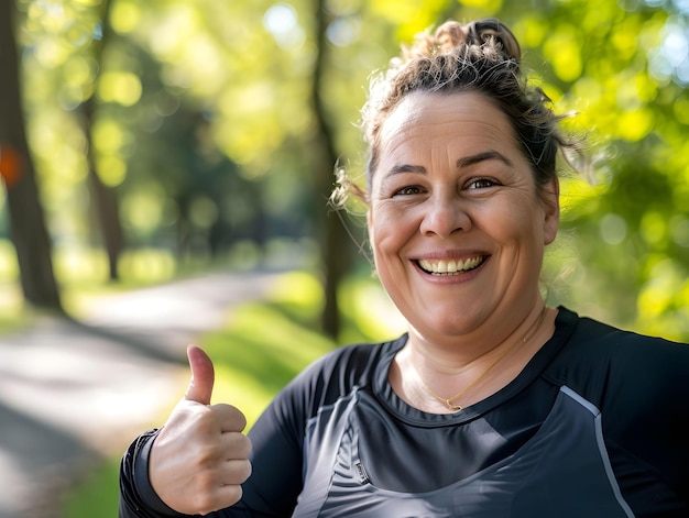 a woman with a thumbs up in a black top with the word quot on it