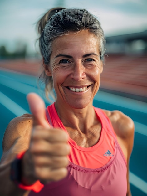 a woman with a thumbs up in front of a running track