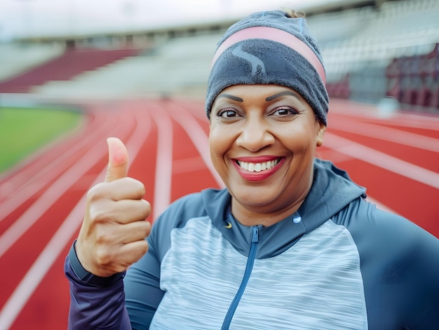 a woman with a thumbs up giving a thumbs up sign