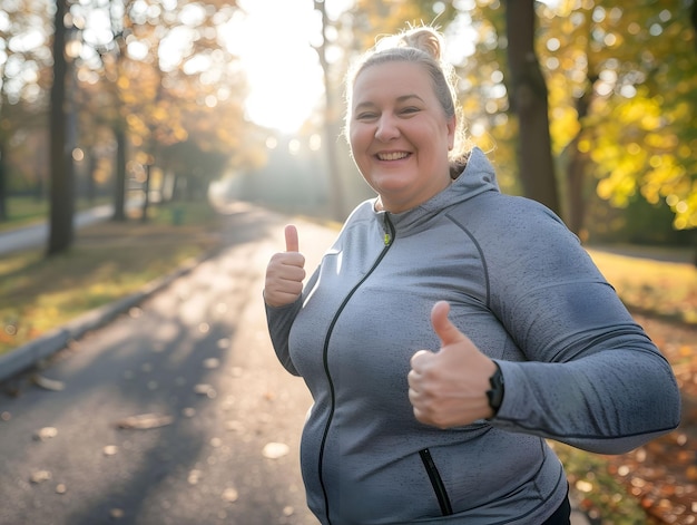 a woman with a thumbs up in a grey sweatshirt