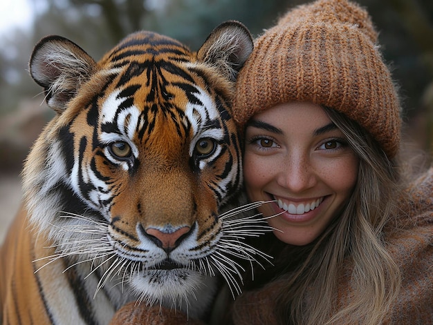 Photo a woman with a tiger head and a tiger head