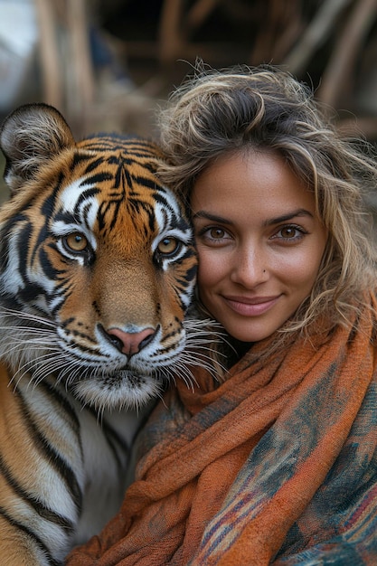 Photo a woman with a tiger on her arm and a tiger