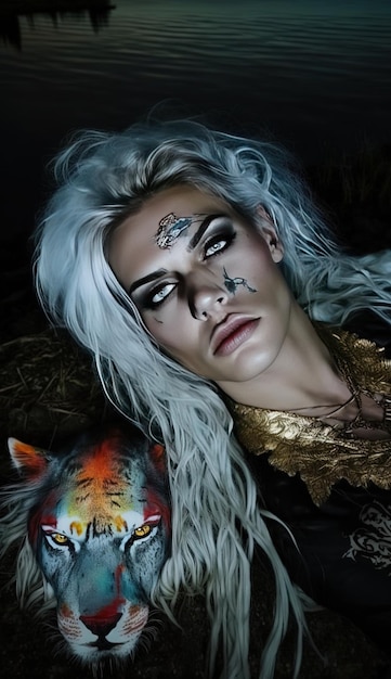 a woman with a tiger on her face is laying on a bed with a sign that says " the word ".