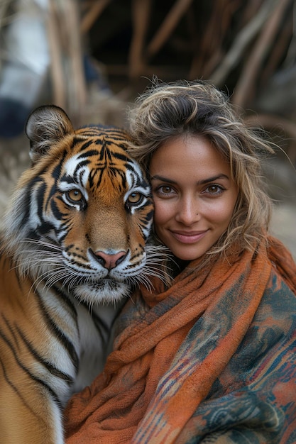 Photo a woman with a tiger on her shoulder is hugging a tiger