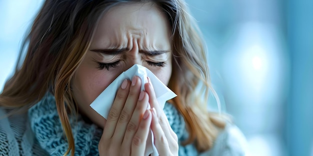 Woman with a tissue blowing her nose symptoms of a cold Concept Woman Tissue Blowing Nose Cold Symptoms