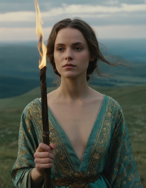 a woman with a torch in her hand is standing in front of a mountain