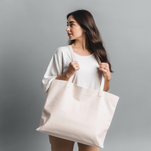 Woman with tote bag mockup empty bag white bagground