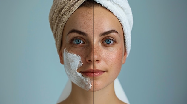 Photo a woman with a towel around her head and the other half of her face