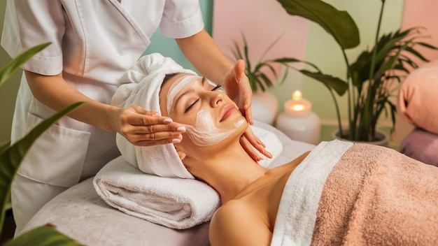 Photo a woman with a towel around her neck is shaving her face