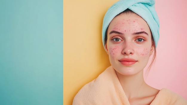 Photo woman with towel on head showing facial acne