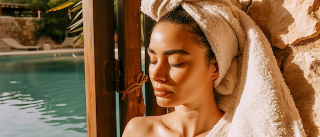 Woman with a towel on her head enjoying a tranquil spa day by a pool