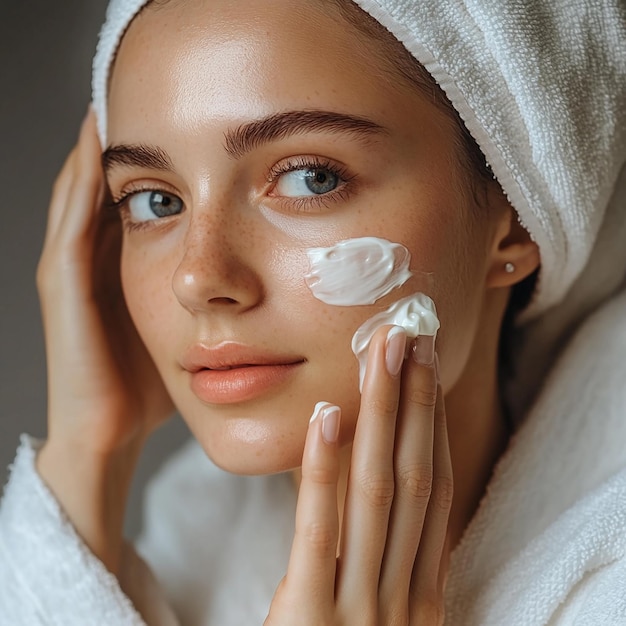 Photo a woman with a towel on her head is covered in cream