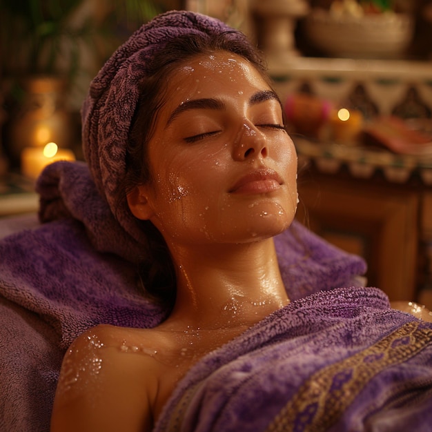 a woman with a towel on her head is covered in powder