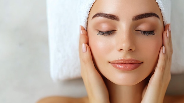 a woman with a towel on her head is covered with a towel and her eyes closed