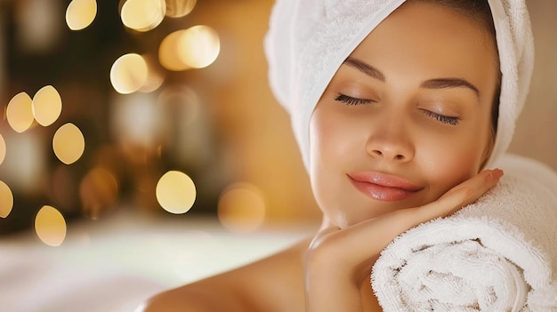 a woman with a towel on her head is holding a towel in front of a christmas tree