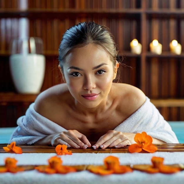 Photo a woman with a towel on her head is laying on a mat with flowers in front of a bookcase