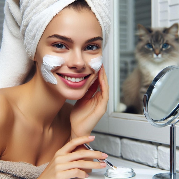 a woman with a towel on her head is looking at a mirror and a cat looking at her face