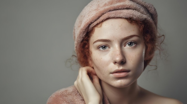 A woman with a towel on her head is wearing a pink towel.