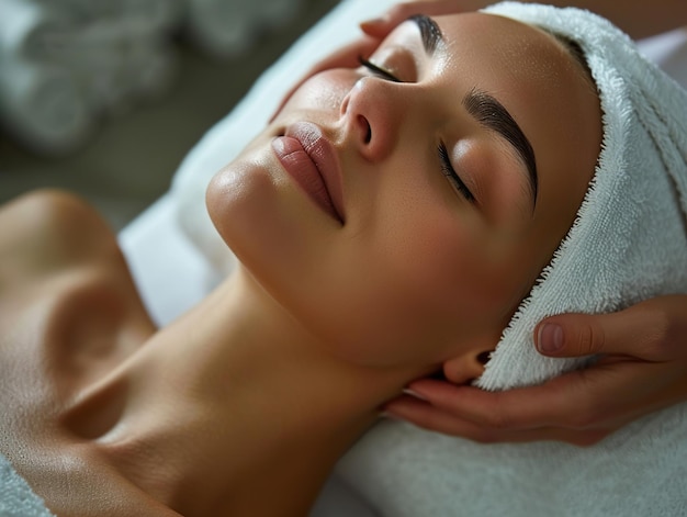 Photo a woman with a towel on her head is wrapped in a towel