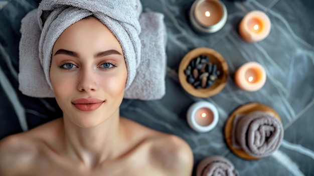 Photo woman with towel on her head lying down spa setting candles and stones