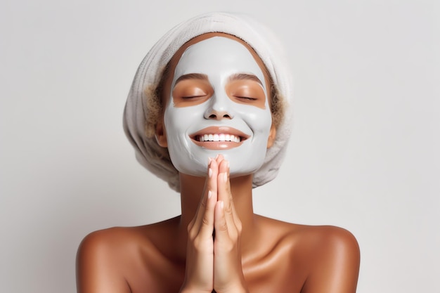 A woman with a towel on her head and a towel on her head smiles and smiles.