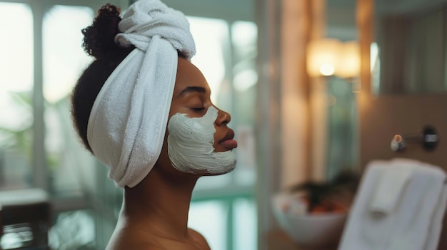 A woman with a towel wrapped around her head applies a face mask to her skin