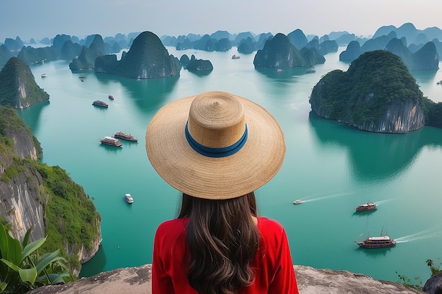 Woman with traditional vietnamese hat looking at unique view of halong bay vietnam