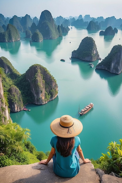 Woman with Traditional Vietnamese Hat and View of Halong