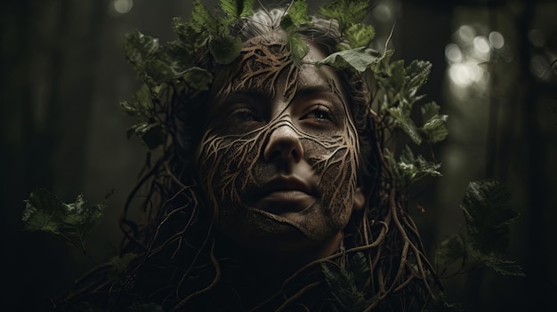 A woman with a tree crown on her face