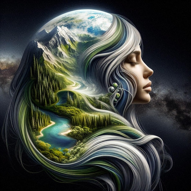 a woman with a tree in her hair and the word earth on the bottom