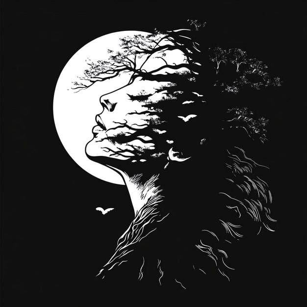 a woman with a tree silhouette in the background